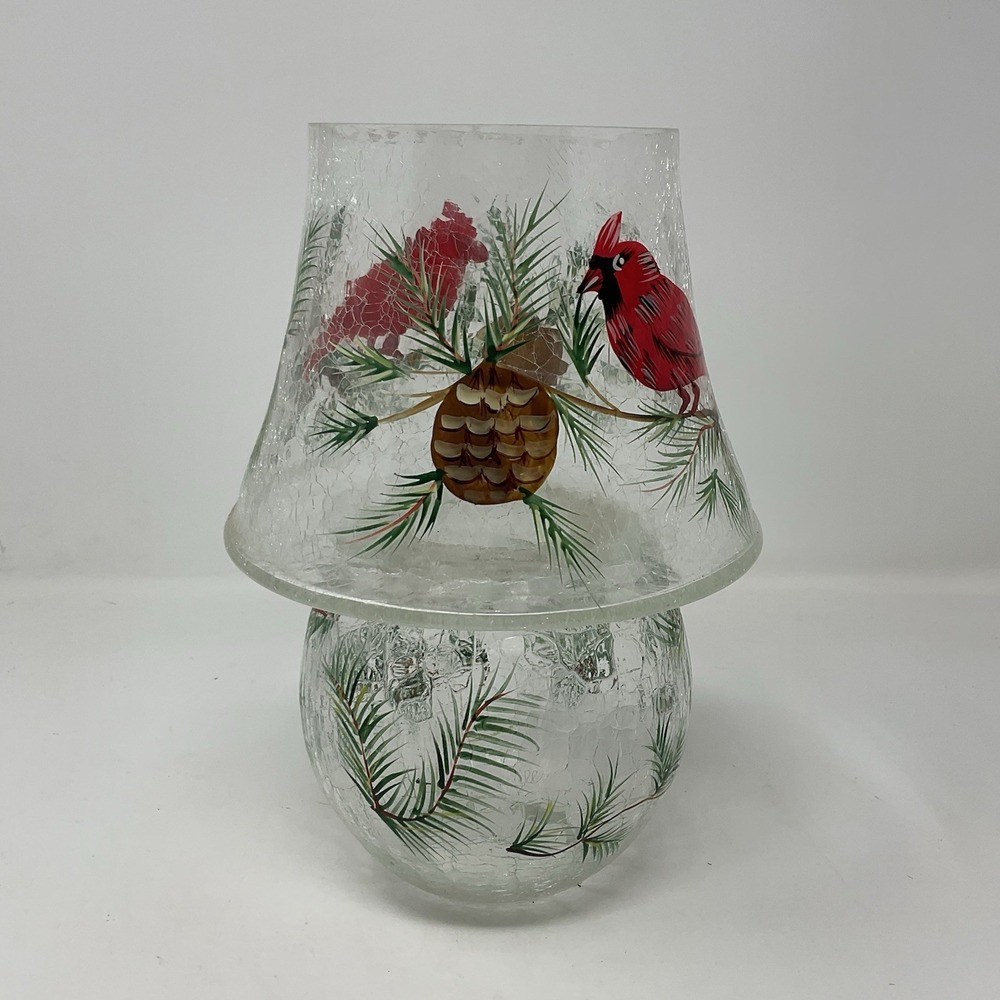 Fifth Avenue‎ LTD Red Cardinal Lamp Candle Tea Light Crackle Glass Pinecone